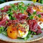 fresh honey peach burrata salad - featured image