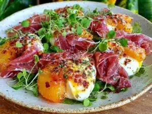 fresh honey peach burrata salad - featured image