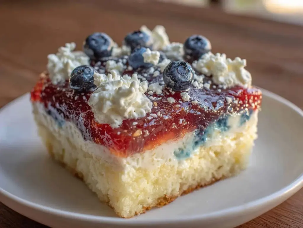red white and blue layered jello poke cake - featured image