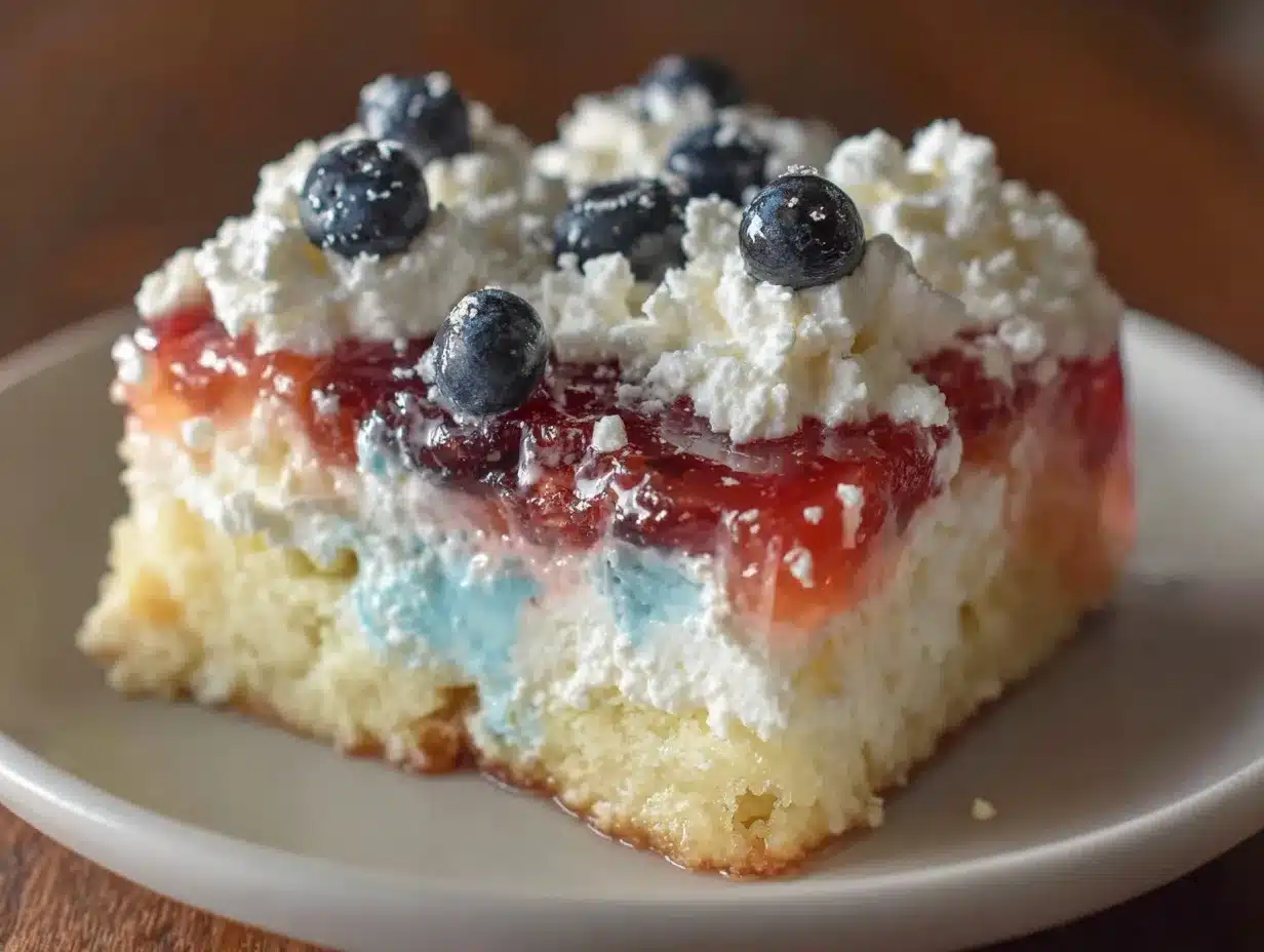 red white and blue layered jello poke cake preparation steps